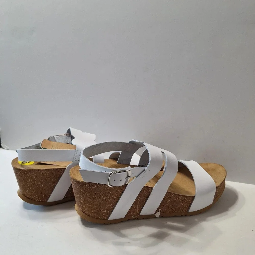 BioNatura Easy NEW White Tan Riviera Leather Preppy Platform Cork Wedges 9.5